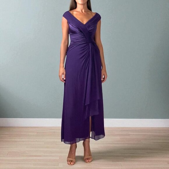 TADASHI COLLECTION PURPLE SILK CHIFFON PLEATED GOWN - Picture 1 of 11